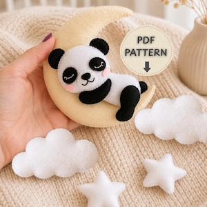 Felt Panda Pattern PDF, on Moon Template with Stars and Clouds