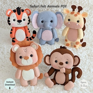 Safari Felt Animal Patterns PDF, Jungle Animals Sewing Pattern, Elephant Lion Giraffe Tiger Monkey, DIY Felt Toys, Beginner Tutorial