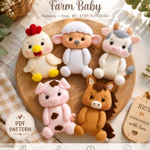 May include: A digital PDF pattern titled Farm Baby featuring step-by-step instructions for five felt animal plushies: a chicken, sheep, cow, pig, and horse. The document includes beginner-friendly guides for handmade crafts in English, Portuguese, and Spanish.
