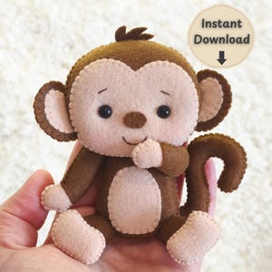 Monkey Felt Sewing Pattern PDF, Beginner Felt Animal Pattern, Monkey Plush Template, DIY Felt Toy, Jungle Animal, Digital Download