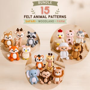 Puede incluir: Un paquete de 15 patrones de animales de fieltro con temas de safari, bosque y granja. La colección incluye pequeñas figuras de peluche cosidas como un zorro, ciervo, mapache, búho, pollo, cerdo, vaca, oveja, caballo, tigre, jirafa, elefante y león.