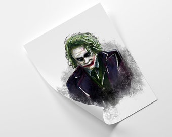 The Joker, Heath Ledger portrait traditional art print A4 high quality textured paper The Dark Knight movie