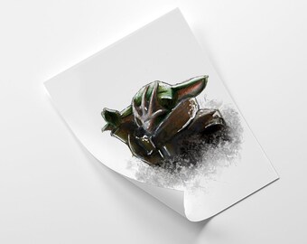 Grogu vs Soup portrait traditional art print A4 high quality textured paper Star Wars movie