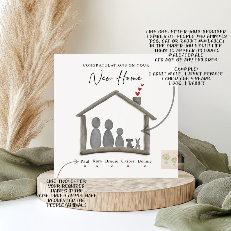 May include: A personalized new home card with a hand-drawn illustration of a house made of driftwood. The house has a chimney and a family of four people and two pets inside. The card is decorated with red hearts and the text "Congratulations on your New Home".