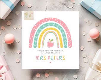 Personalised Teacher card, rainbow design end of term thank you card for teachers