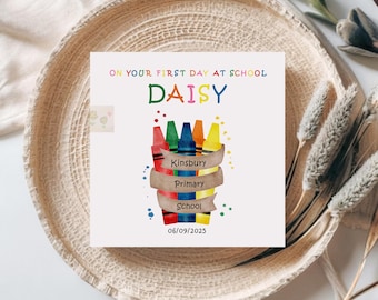 Personalised first day at school card, crayons design starting reception/nursery card for boy/girl