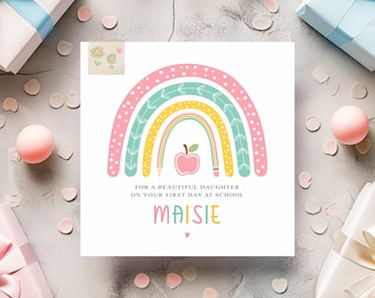 Personalised first day at school card, rainbow design for starting school/nursery/pre-school