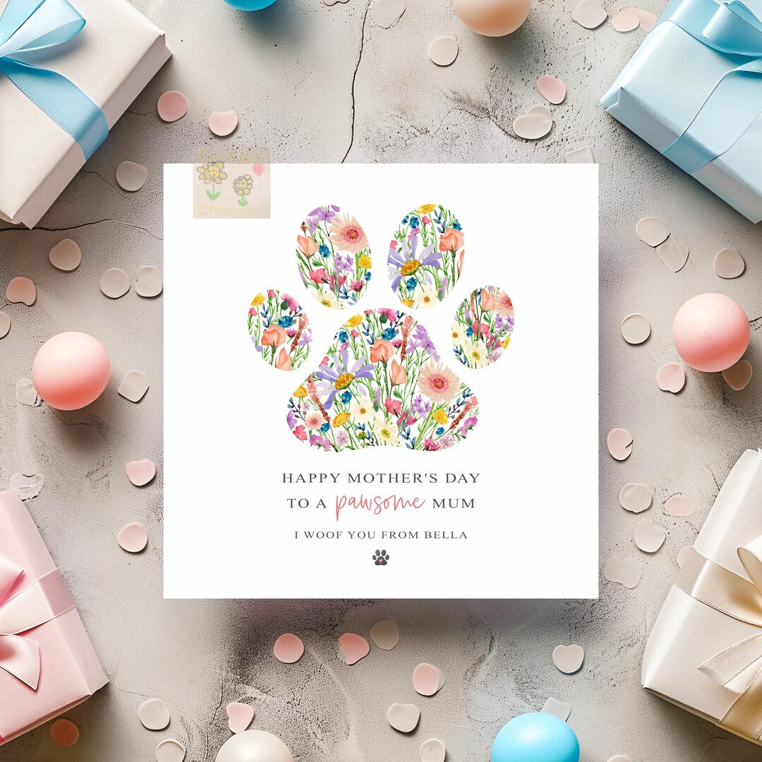 Personalised Dog Mom Mothers Day Card, Floral Paw Print Design Card for ...