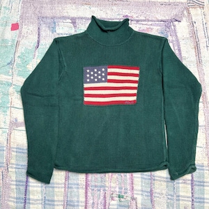 VTG Polo Ralph Lauren USA American Flag Hand Knit Pullover Sweater Green Size M