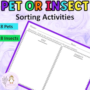 May include: A worksheet titled "PET OR INSECT Sorting Activities" with a purple border. The worksheet has two sections labeled "PET" and "INSECT" for sorting. The text includes "8 Pets" and "8 Insects". A logo of a penguin is in the bottom left corner.