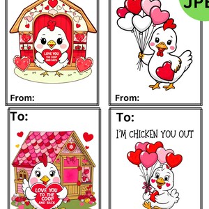 Cartes de Saint-Valentin au poulet, coeur de ferme à imprimer, fête d'enfants dans la classe, impression à la ferme de février, feuilles de calcul, PDF, JPEG