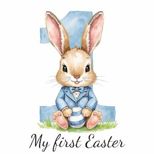 May include: Watercolor illustration of a bunny wearing a blue suit and bow tie, holding a striped Easter egg. A blue number 1 is behind the bunny, with the text "My first Easter" below. The bunny is sitting on green grass.