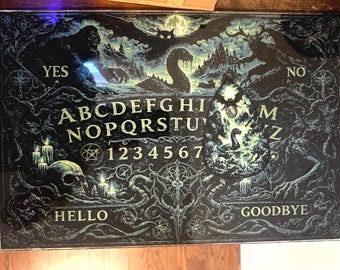 Könnte beinhalten: Ein schwarzes und teal Ouija-Brett mit detailliertem, gotischem Design. Das Brett zeigt das Alphabet, Zahlen und die Wörter "YES", "NO", "HELLO" und "GOODBYE". Illustrationen umfassen einen Schädel, Dämonen und eine Planchette.