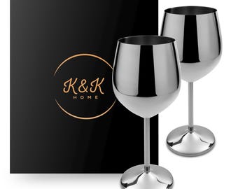K&K Home Stainless Steel Unbreakable Silver Wine Glasses - 18 oz - Set of 2 Silver, Metal Wine Glasses - Perfect for Outdoors, Weddings
