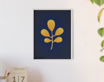 May include: A gold leaf branch with five leaves on a dark blue background. The branch is stylized and the leaves are rounded.