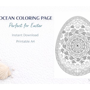 Ocean Mandala Coloring Page Printable A4 – Fish Seashell Spiral Mandala – Easter Coloring Page for Adults – Instant Download