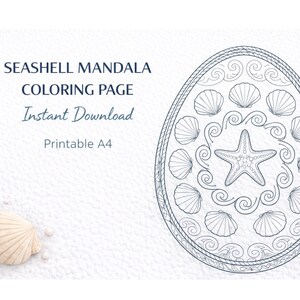 Könnte beinhalten: Eine Muschel-Mandala-Malvorlage mit einem Seestern- und Muscheldesign. Der Text lautet "Seashell Mandala Coloring Page, Instant Download, Printable A4". Das Bild befindet sich auf einem weißen strukturierten Hintergrund mit Muscheln.
