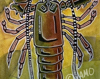 Abstract Golden Lobster Original Watercolor and Ink Painting