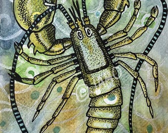 Whimsical Green Lobster Original Watercolor Painting