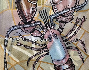 Abstract Art Deco Lobster Original Watercolor Painting