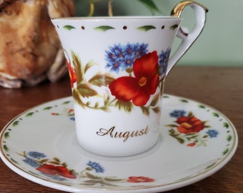 VTG Royal Albert August Poppy Tea Cup & Soucoupe Série Mois Anniversaire Août - Porcelaine Anémone