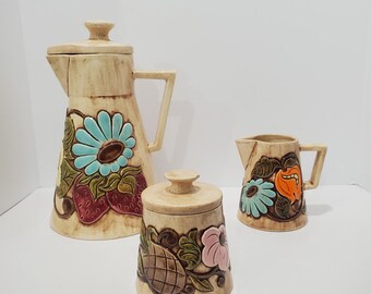 Vtg 3 pc. Coffee Set Carafe Creamer Sugar Bowl 1970's MCM Artisan Pottery READ