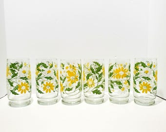 Vaso Libbey vintage de 6 pulgadas, 12 oz, margaritas blancas y amarillas, hojas verdes, juego de 6