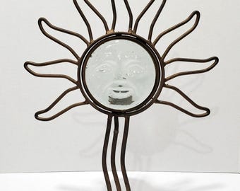 Vtg Clear Glass Celestial Sun Face Votive Candle Holder Metal Base 14.5&quot; Tx11&quot;W