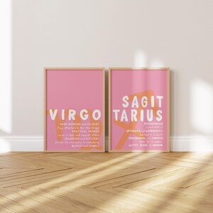 May include: Two pink framed prints with the zodiac signs Virgo and Sagittarius. The signs are written in white with orange accents. The text below each sign describes the personality traits of each sign.