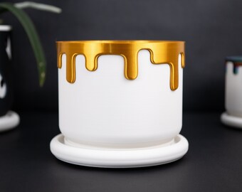 Drippy (Gold) Planter 3-5 inch with Drainage and Drip Tray (Primary Color - White || Secondary Tone - Gold) - Unique 3D Printed Pot