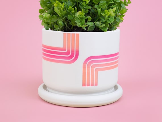 The Retro Planter - Vintage 70's Inspired Plant Pot for Succulents and Indoor Plants with Drainage and Drip Tray - White & Warm - 3D Printed