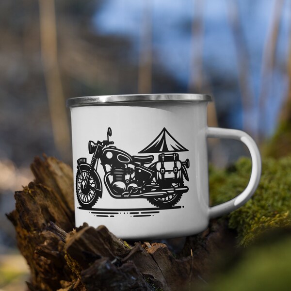 Vintage Motorcycle Camping Enamel Mug - Durable and Stylish for Outdoor Adventures - Great Gift for Him or Her - Your Moto-Camping Partner