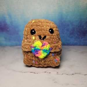 May include: A brown crocheted plush toy with a rainbow heart in its arms. The toy has black eyes and a brown nose.