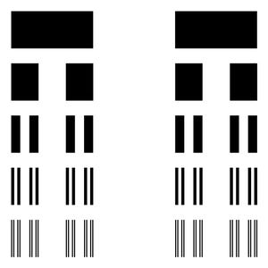 Może przedstawiać: Czarno-biały abstrakcyjny wzór geometryczny z szeregiem poziomych linii i kwadratów o różnych rozmiarach.