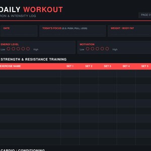May include: A black and red workout log titled "DAILY WORKOUT" with sections for date, focus, weight, energy, and motivation. Includes space for strength and resistance training exercises, with columns for sets 1-5. Page 01 is visible.