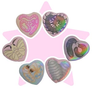 May include: Six heart-shaped stickers with different insect illustrations. The stickers feature a pink worm, a brown and black centipede, a white moth, a grey and brown pill bug, a pair of white grubs, and a brown and red worm.