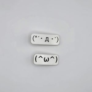 May include: Two rectangular white magnets with black text. The top magnet has the text "(*・Д・)" and the bottom magnet has the text "(^ω^)". The magnets are on a white background.