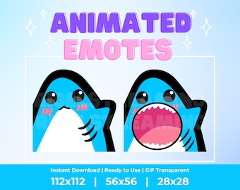 Kawaii Blue Shark Pop Cat Animated Emotes: Twitch, Discord, Kick, Etc (Instant Download)