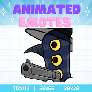 May include: Animated emotes graphic featuring a cartoon character with a dark blue body, yellow eyes, and a black hat, holding a gray pistol. The text "ANIMATED EMOTES" is displayed in purple and pink.
