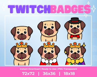 Kawaii Pug Sub Badges: Twitch, Kick, YouTube, Discord, Etc (Digital Download)