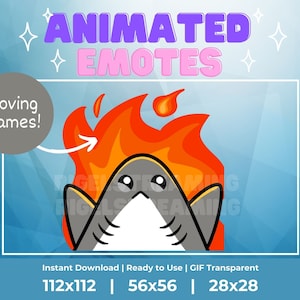 Può includere: GIF animato di uno squalo di cartone animato con fiamme sulla testa. Lo squalo è grigio con la pancia bianca e gli occhi neri. Le fiamme sono arancioni e rosse. Il testo "Moving flames!" è in un cerchio grigio nell'angolo in alto a sinistra. Il testo "ANIMATED EMOTES" è in lettere rosa e viola nella parte superiore dell'immagine. Il testo "Instant Download | Ready to Use | GIF Transparent" è nella parte inferiore dell'immagine. Il testo "112x112 | 56x56 | 28x28" è anche nella parte inferiore dell'immagine.