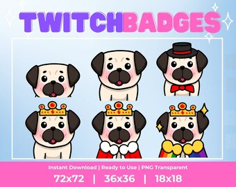 Kawaii Pug Sub Badges, Twitch Emotes (Digital Download)