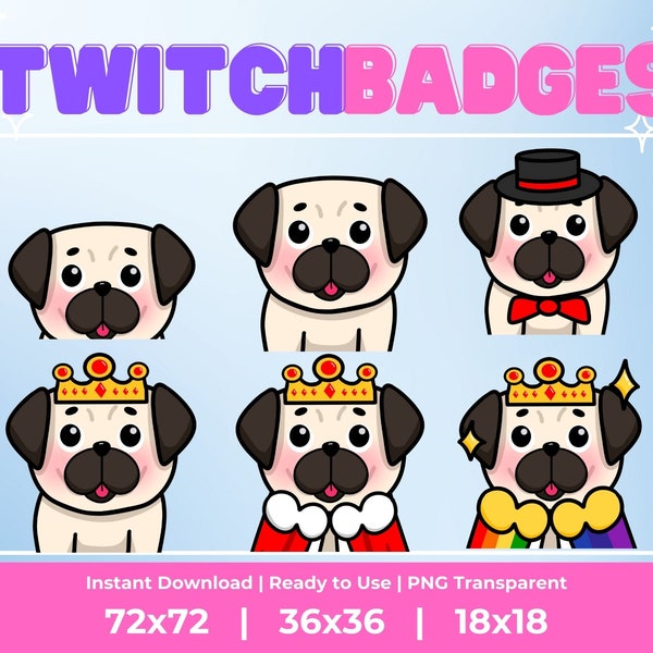 Kawaii Cute White Pug Sub/Bit Badges for Twitch, YouTube, Kick, Discord Emotes | Ready to Use | Instant Download | Streaming | Silver Fawn