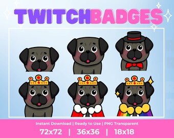 Kawaii Pug Sub Badges, Twitch Emotes, Discord, YouTube, Kick (Digital Download)