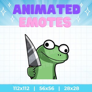 May include: A green cartoon frog holding a large silver knife, with a white background and the text "ANIMATED EMOTES" in purple and pink. The image also includes size dimensions: 112x112, 56x56, and 28x28.