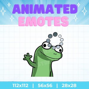 May include: Animated emote of a green cartoon frog waving, with a ring of grey circles above its head. The text "ANIMATED EMOTES" is in purple and pink bubble letters. The image includes size dimensions.
