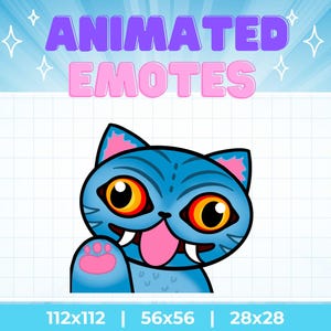 May include: A cartoon image of a blue cat with orange eyes and a pink tongue sticking out. The cat is waving its paw. The text "ANIMATED EMOTES" is above the cat in purple and pink. The image includes size dimensions.