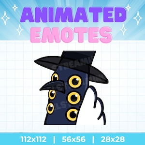May include: Animated emote featuring a dark blue creature with multiple yellow eyes, a black beak, and a black hat. The text "ANIMATED EMOTES" is displayed in purple and pink. Sizes are listed as 112x112, 56x56, and 28x28.