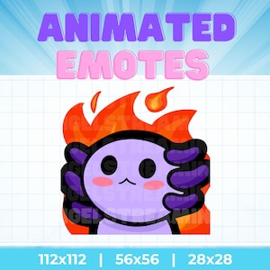 Può includere: Personaggio animato viola con capelli a forma di fiamma rosso e arancione, che indossa un guanto viola e nero. Il personaggio ha un'espressione carina con occhi grandi e una bocca piccola. L'immagine è etichettata "Animated Emotes" nella parte superiore.