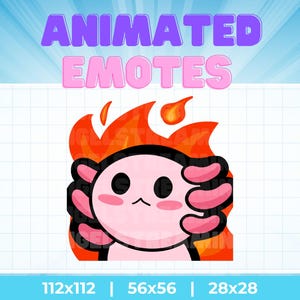 Può includere: Grafica di emote animata con un axolotl rosa con fiamme intorno alla testa. L'axolotl ha occhi neri, guance rosa e branchie rosa. Il testo "ANIMATED EMOTES" è sopra l'axolotl in viola e rosa.